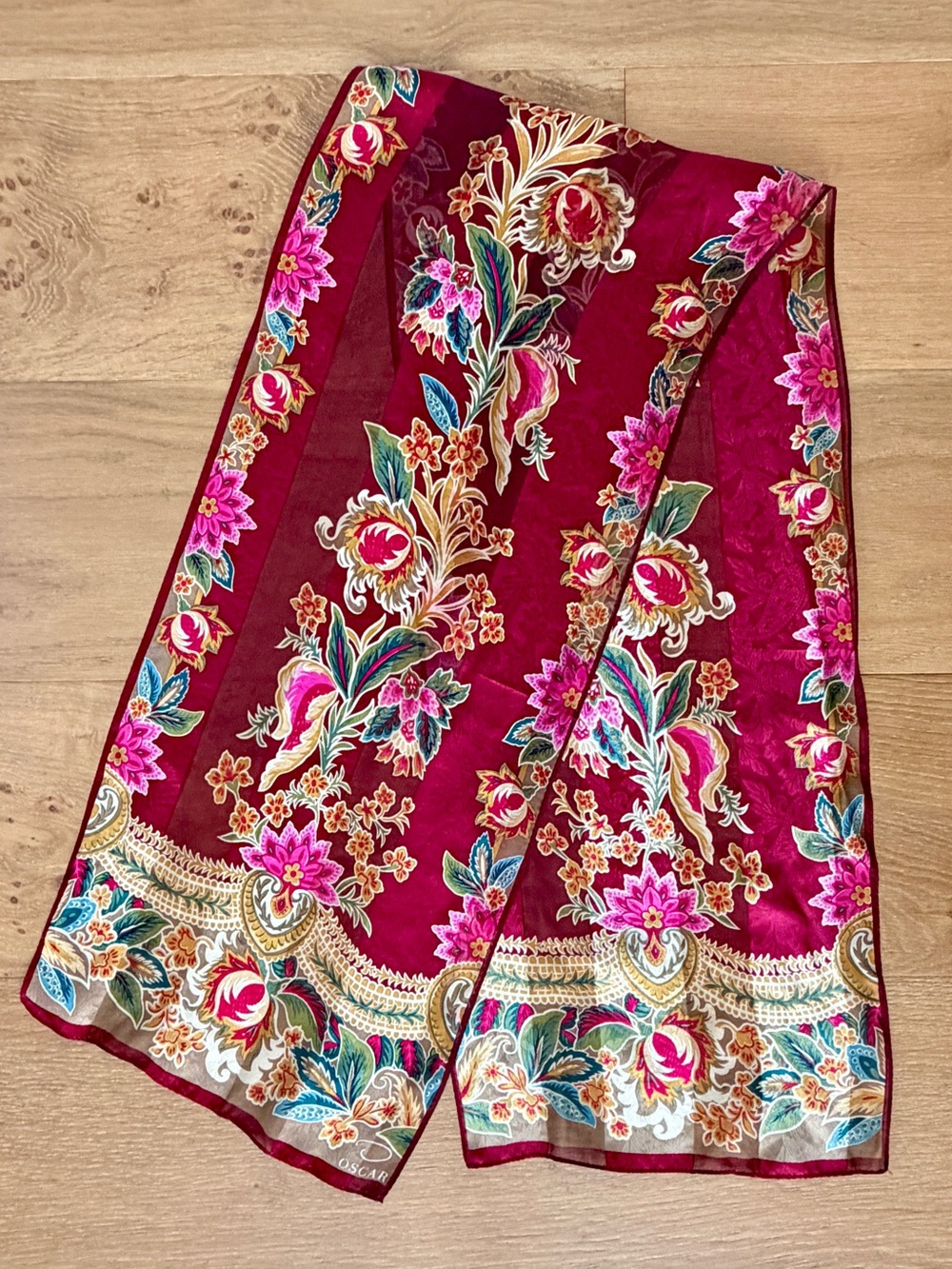 VTG Oscar de la Renta Scarf Floral Paisley Silk Chiffon Burgundy Pink Grannycore